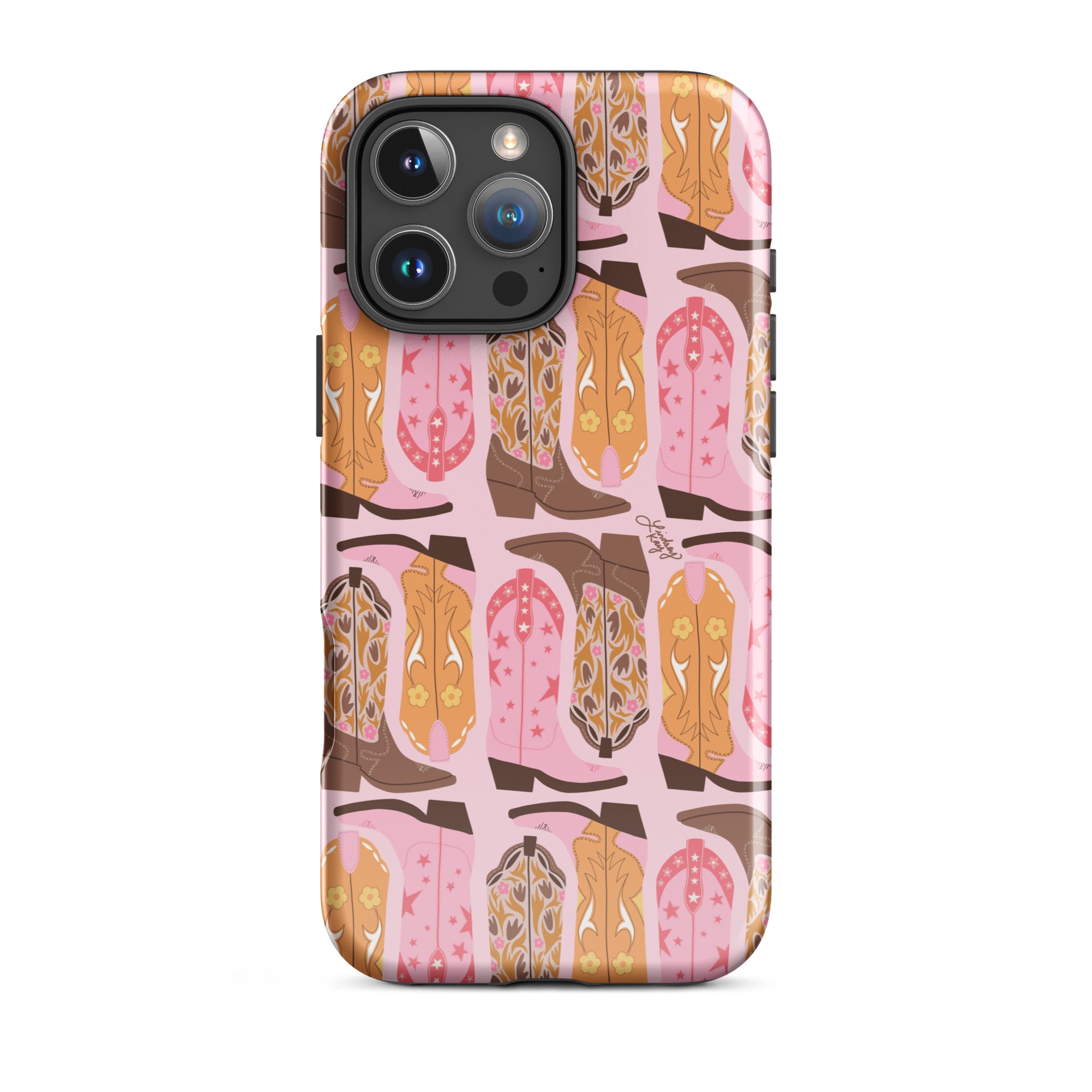 Trendy western cowgirl boots iPhone case in pink orange and brown, MagSafe compatible tough protective phone case, hand-illustrated design for stylish rodeo and country girl aesthetic, durable glossy summer tech accessory for western fashion lovers